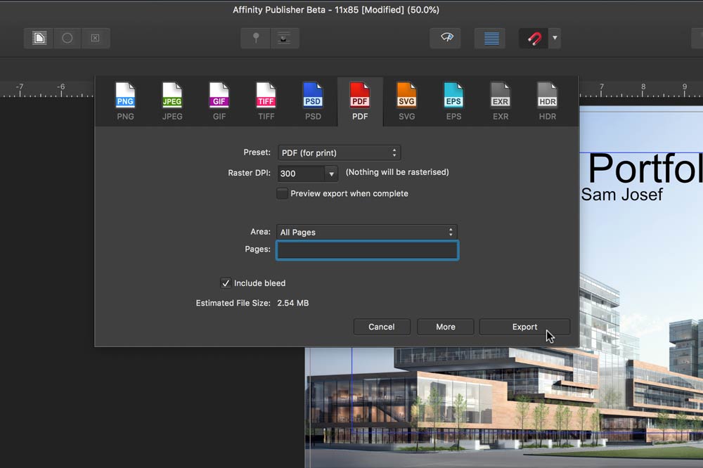 affinity publisher export for print
